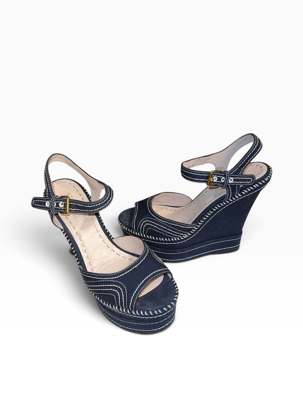 Miu Miu Blue Denim Contrast Stitch Wedge Platform Sandals Size 40